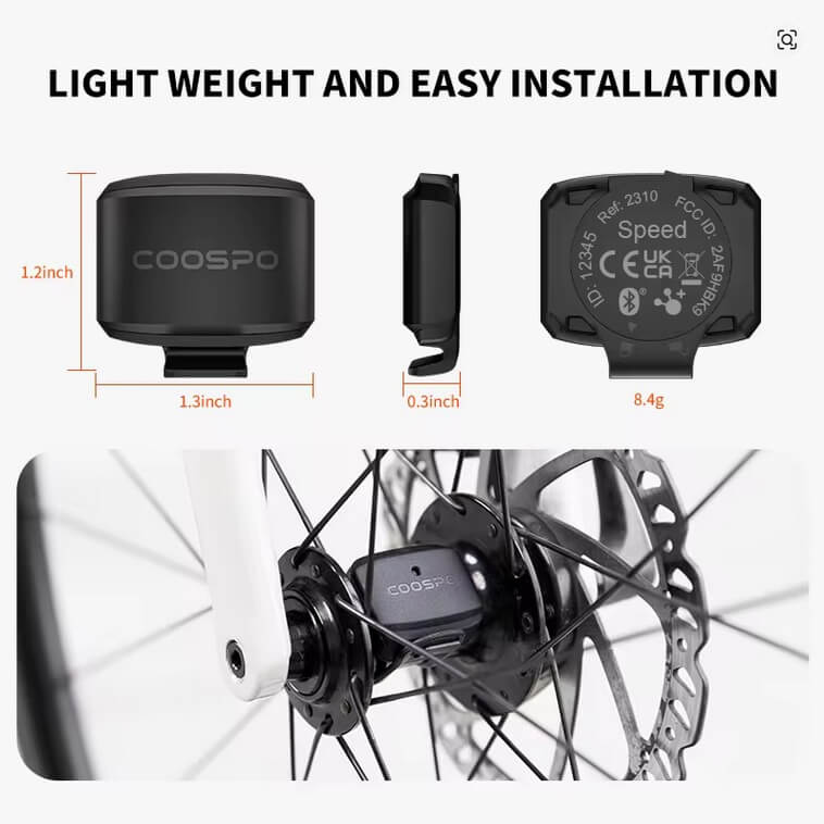 Coospo BK9S sensor de velocidad para bicicleta – vista de las especificaciones técnicas frontales
